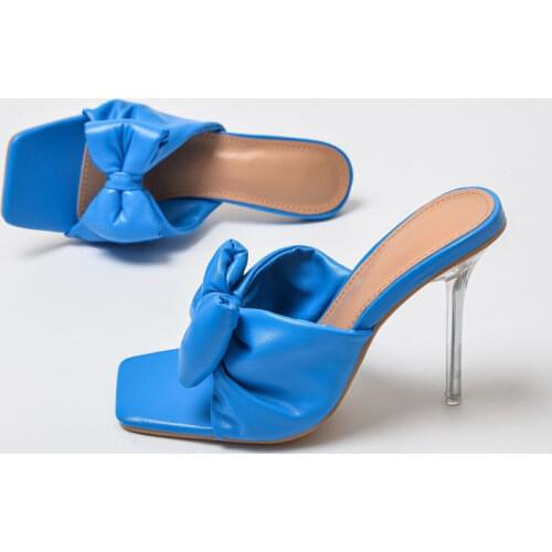 Women Bowtie Slippers Womens Square Toe Thin High Heels Big Size 2021 Summer Woman PU Leather Pumps Ladies Sexy Shoes Female