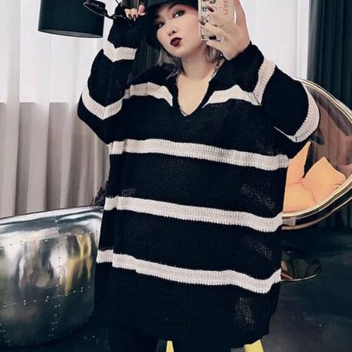 Size 6XL 140KG Autumn Knitted Sweater Turn Down Neck Long Sleeve Loose Women Striped Sweater Oversized Female Thin pull femme