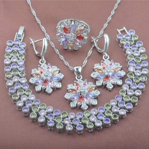 Multicolor Zirconia Flower Design Womens Crystal Jewelry Sets Silver Color Bracelet Necklace Pendant Earrings Ring YZ0275