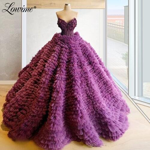 Saudi Arabic Purple Tulle Evening Gowns Handmade Beads Formal Pageant Women Turkish Dubai Party Long Dresses 2020 Prom Dresses
