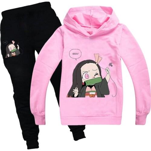 2020 Anime Demon Slayer Baby Girl Clothes Set Kids Cartoon Graphic Kimetsu No Yaiba Halloween Oversized Hoodie+ Pants 2PCS Suit