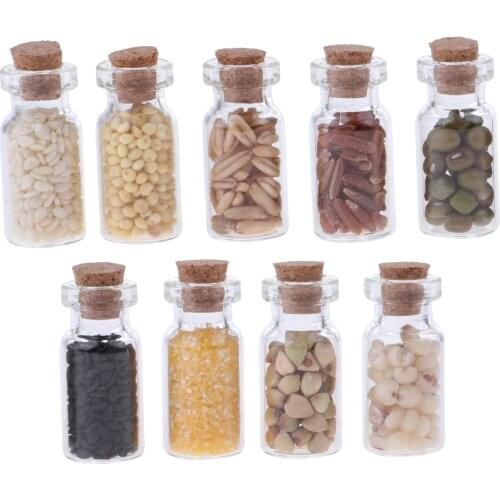 9Pcs/Set 1/12 Scale Dollhouse Miniature Glass Jar With Dried Food for Dolls House Kitchen Decor Accessories Children Kids Toys