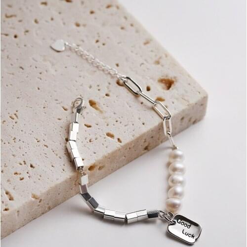 925 sterling silver good luck square Asymmetric Pearl Chain Bracelet for Women Bohemia Pearl Charm Jewelry Gift