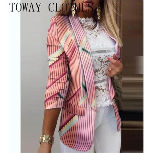Colorful Stripe Print Long Sleeve Blazer Coat New Causal Chic Jacket Office Work Suit