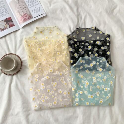 Summer Autumn Women Casual Mesh Pattern Daisy Flower Printed Blouse Tops Girls Mesh Shirts See Through Shirt For Female