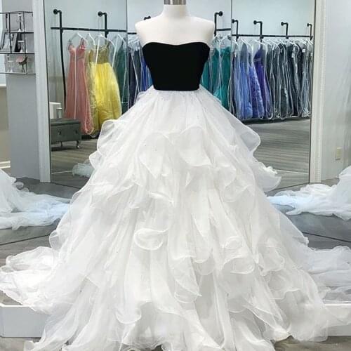 Black and White Wedding Dress Strapless Velvet Top Ruffles Skirt Two Tone Bridal Gown