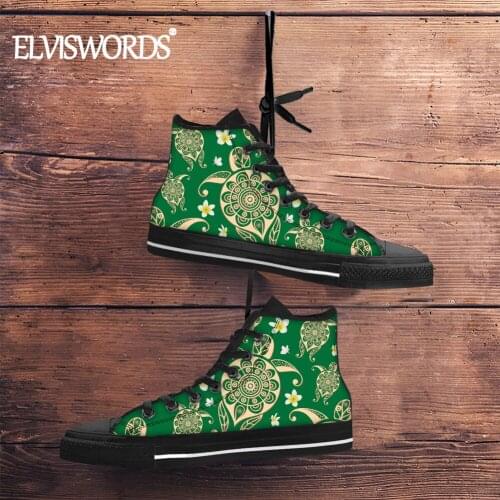ELVISWORDS 2020 Fashion Tribal Hawaiian Turtle Pattern Women Canvas Sneaker High Top Casual Outdoor Footwear Durable Flat Shoe