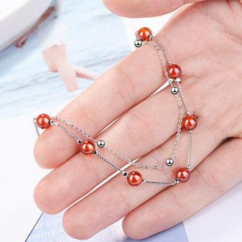 Exquisite Double Layer Women 925 sterling silver Garnet Bracelets Jewelry Fashion Chain Crystal Pendants Bracelet Women