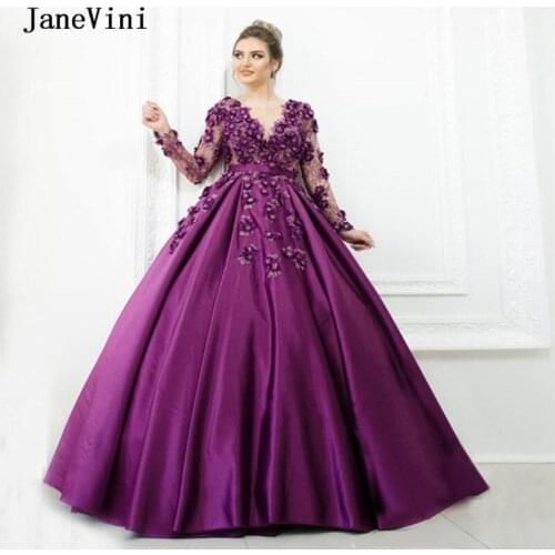 JaneVini Gorgeous Purple Long Sleeves Arabic Quinceanera Dresses Ball Gown Scoop Neck Handmade Flowers Beaded Satin Formal Gowns