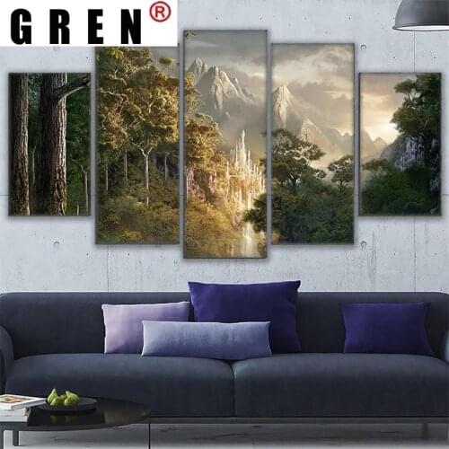 GREN Wall Art Canvas Paintings Prints Framework 5 Pieces Castle In The Mountains Pictures Rings King Posters Living Room Decor