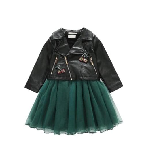Free shipping girls Pu leather jackets + mesh dress 2pcs sets children Diamond Princess coats good quality suits kids ws1090