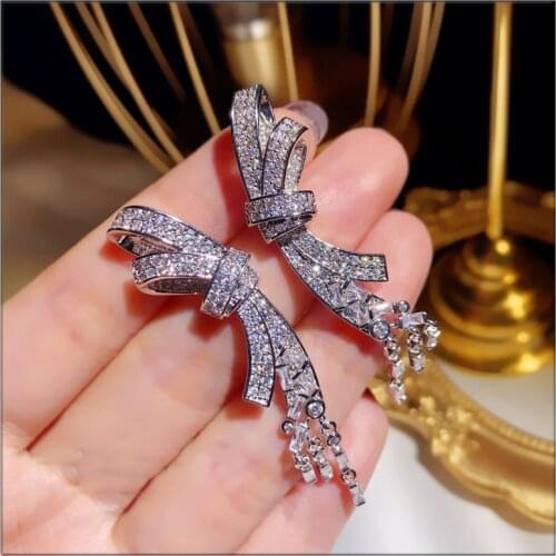Cute Silver Color Bling Zircon Stone Bowknot Long Tassel Stud Earrings for Women Fashion S925 Silver Jewelry Korean Earrings