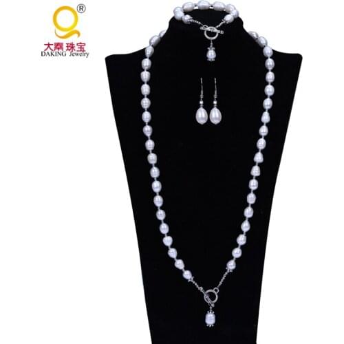 Natural cultured freshwater pearl jewelry sets women 10mm pearl sets bracelet necklace earring jewelry silver fine jewelry