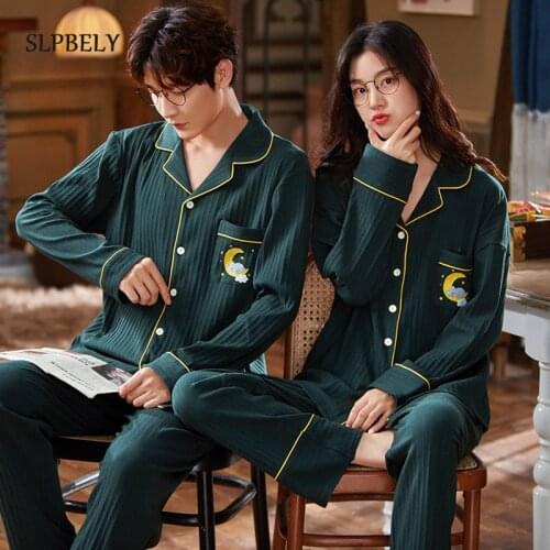SLPBELY Couple Pajamas Set Homewear Autumn Cotton Lapel Male Female Pyjamas Long Sleeve Men Women Cardigan Sleepwear Homesuit
