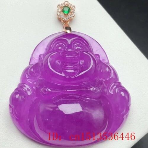Carved Maitreya guanyin Jade Pendant Natural Chinese violet Jadeite Laughing Necklace Jewellery Fashion Amulet Sweater Chain