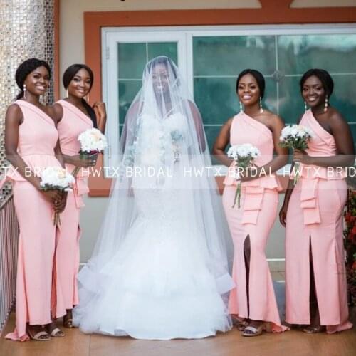 Pink One Shoulder Mermaid Bridesmaid Dresses with Side Slit Long African Women Bridal Wedding Party Dress Formal Gown Customize