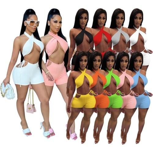 Sexy Women Tracksuit Halter Corp Tank Top And Short Pants Matching Set Hollow Out Sportsuit Clothes For Women Outfit