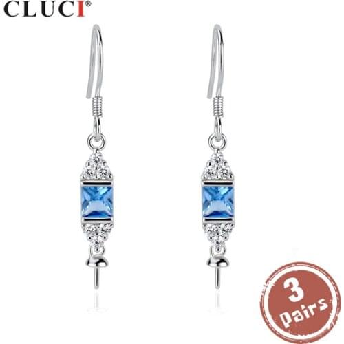CLUCI 3 pair Fashion Silver 925 Drop Women Earrings Jewelry Rectangle Blue Zircon Design Pearl Earring Mounting SE139SB