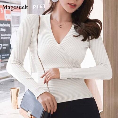 Slim V-neck Solid Knitwear Sweater Knit Sweater Women Pullover Korean 2021 Autumn Women Long Sleeve Cotton Winter Clothes 10452