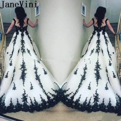 JaneVini Gothic Tulle Black and White Wedding Dresses Lace Robe Blanche Mariage Illusion Beaded Long Train African Bridal Gowns