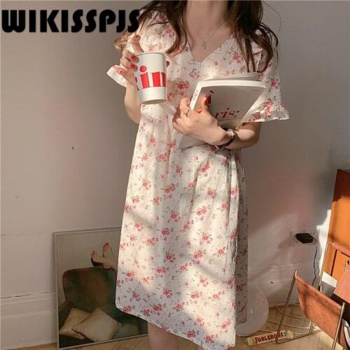 Summer New Print Nightdress for Women Sleeping Dress Robe Sets Fragmentary Flower Temperament Fairy Style