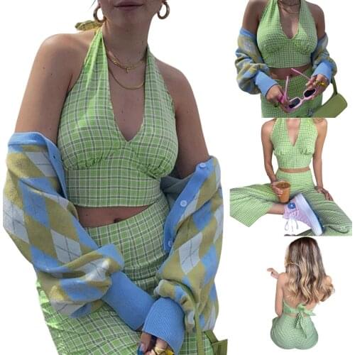 Women’s Summer Sexy Halter Bandage Vest Fashion Plaid V-neck Exposed Navel Camisole Green for Shopping Wear