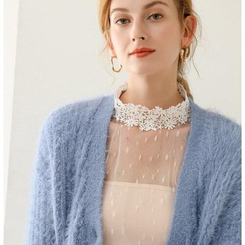 Women Bandage Strap Hollow Mesh Lace Flower Neckline Lady Basic Fake Collar Detachable False Collar Cardigan Lapel Blouse Tops