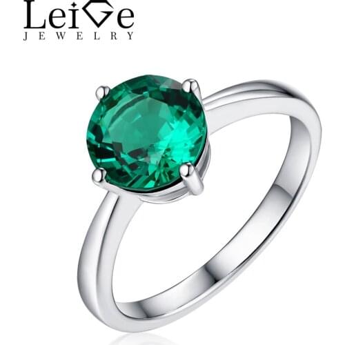 Leige Jewelry Classic Round Cut Emerald Ring Solitaire Silver 925 Prong Setting Engagement Rings for Women May Birthstone