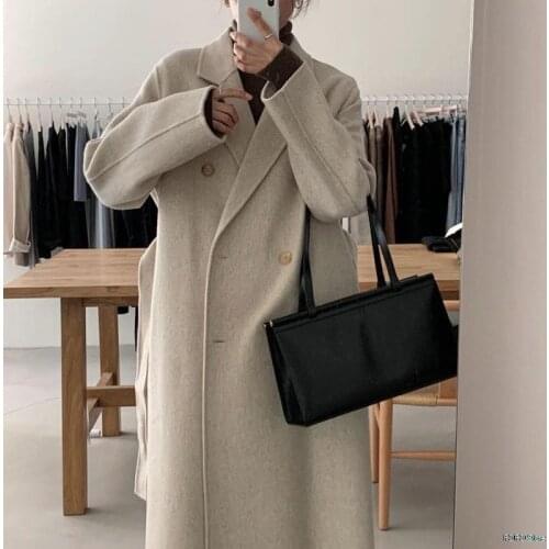 Korean Chic Autumn and Winter Wool Coat Woman Double Breasted Casual Loose Long Warm Wool Jacket Woman Apricot Clothing Fall
