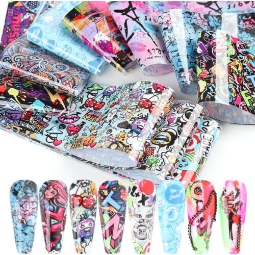 10PCS Transfer Foil For Nails Cute Graffiti Nail Art Design Adhesive Sticker Wraps Letters Decals Manicure Accessories GL4122