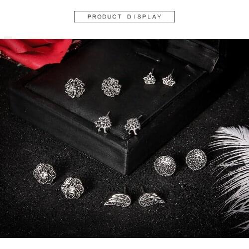 6 Pairs Set Circle Vintage Xmas Tree Wing Floral Small Ear Studs Set Women Elegant Jewelry Gifts For Girls New 023