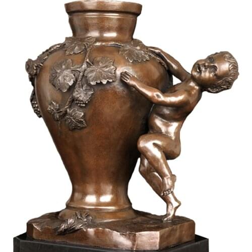 ArtsHom DS-669 Europe Home Furnishing Articles Bronze Vase Sculpture with Kid Statues Antique Bronze Vase for Home Decoration