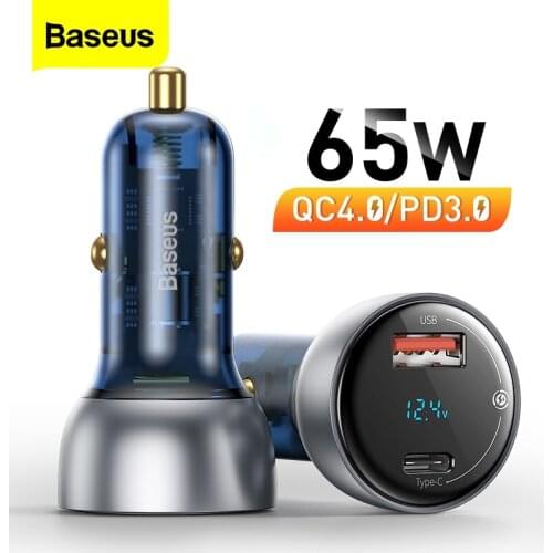 Baseus 65W Dual USB Quick Car Charger 4.0 3.0 QC4.0 QC3.0 Type C PD LED Display Fast Charging for IPhone Xiaomi Mobile Phone