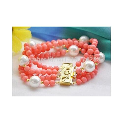 Free Shipping>>>4row 8" 6mm pink coral bead 12mm round white shell pearl bracelet