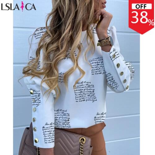Elegant fashion women blouses long sleeve O-neck knitted ladies tops newspaper printing casual office white blouse for women