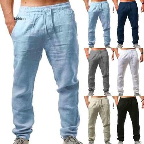 Mens Summer Casual Pants Natural Cotton Linen Trousers Breathable White Linen Elastic Waist Straight Mens Pant Top Quality