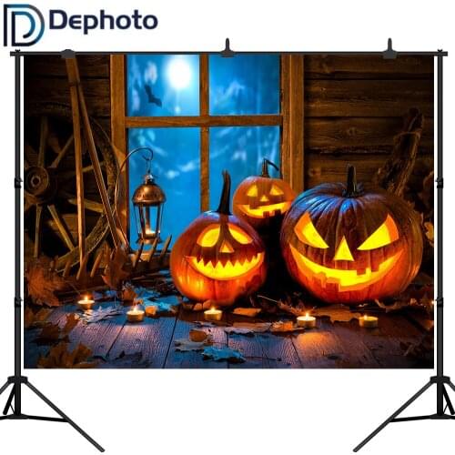 DePhoto Halloween Photography Backdrops Window Candles Scary Pumpkins Party Backdrop Photo Background for Photo Studio