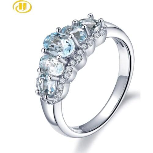 Hutang 1.35ct Natural Aquamarine Wedding Ring 925 Sterling Silver Blue Gemstone Rings Fine Cubic Zirconia Jewelry for Women New