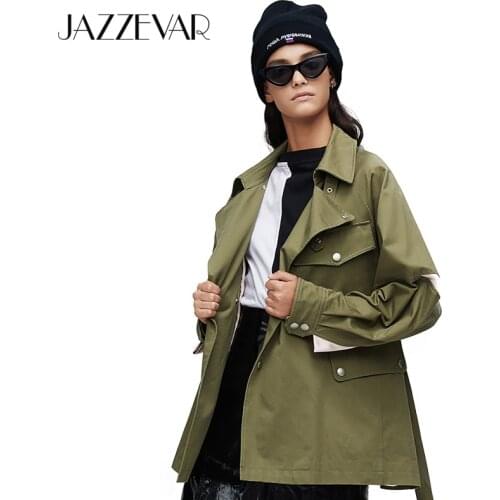 JAZZEVAR 2020 New arrival autumn trench coat women green color fashion cotton double breasted short outerwear high quality9017-1