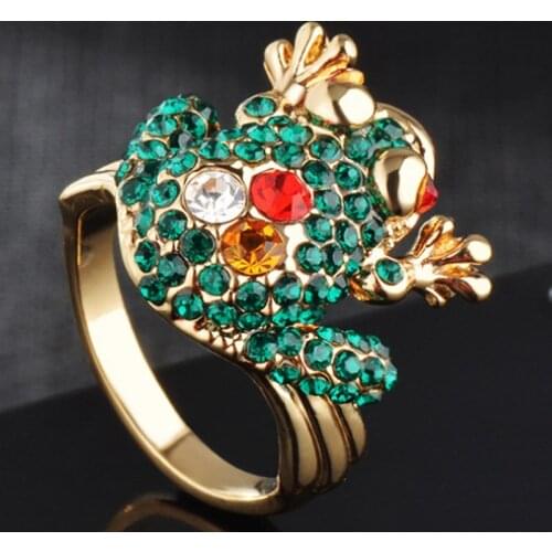 Zlxgirl jewelry Two mixed colorful Rhinestone crystal frog animal rings wedding jewelry fashion womens gold finger rings anel