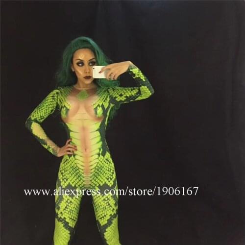 Halloween Bar Cosplay Role Costume Singer Stage Show Green Snake Jumpsuit Nightclub Dancer Womens Party Wear Sexy Bodysuit