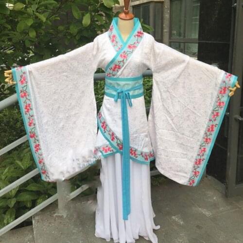 SD Doll White Blue Embrodiery Costume Hanfu Han Dynasty Ruqun quju Costume Hanfu for Classical Dance or Stage Performance Wear
