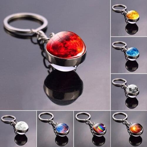 Fashion Planet Moon Earth Sun Glass Ball Pendant Car Key Chain Keyring Bag Hanging Decor Key Holder For Woman Birthday Gifts