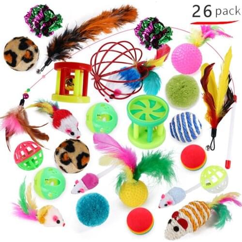 Pet Toy Set Cat Toys Funny Cat Stick Teaser Sisal Mouse Bell Ball Feather Replacement Cat Supplies for Kittens 20/21/26/27 Pcs
