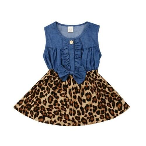 New arrivals summer baby girls children clothes boutique outfits denim dress sleeveless leopard knee length cotton milk silk kid
