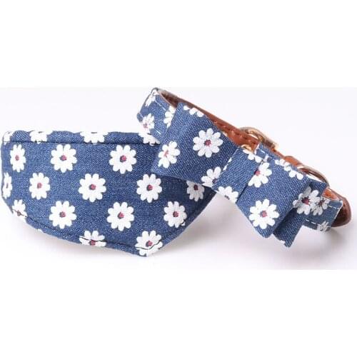 Handmade PU Leather Dog Collar Leash Set Daisy Print Collar Bow Bandana Necklace Outdoor Pet Walking Lead for Small Medium Dogs