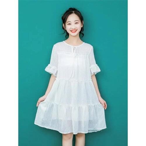8-17 Years Children Summer Dresses Teenager Girls White Chiffon Princess Dress Kids Short Sleeve Dresses For Girls Robe Fille 12