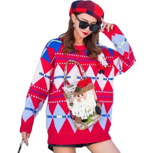 Thick Winter Oversized Sweater For Women Fashion Argyle Color Patchwork Loose Christmas Appliques Long Sleeve Kawaii Pullover