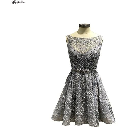 YYbride Scoop Neck Sleeveless Full Hand Sewing Silver Beads Party Skirt Mini Length Metal Belt Sexy Backless Cocktail Dresses