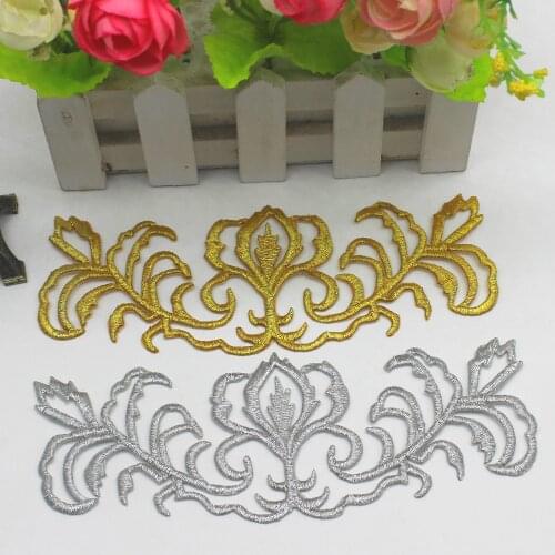YACKALASI 10 Pieces/Lot Gold Embroidery Fabric Appliqued Iron on gold and silver flower patches 17.5*7cm